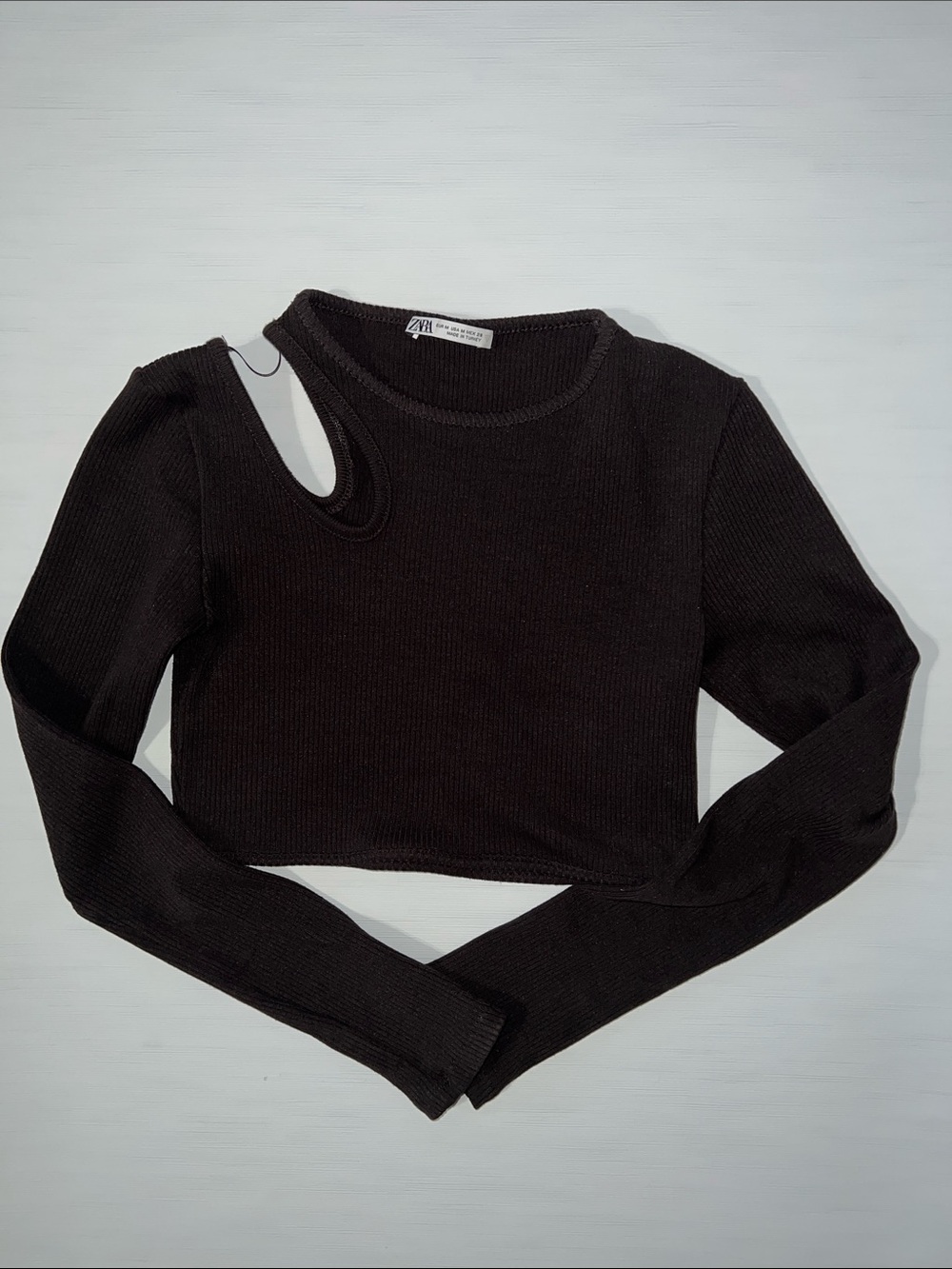 Zara Brown Asymmetric Cutout Ribbed Crop Long-Sleeve Top